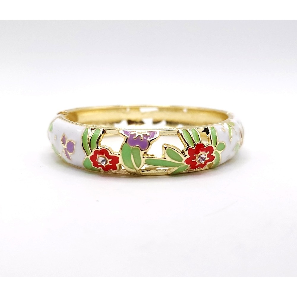 Floral Enamel Hinge Bangle Bracelet 7in Gold